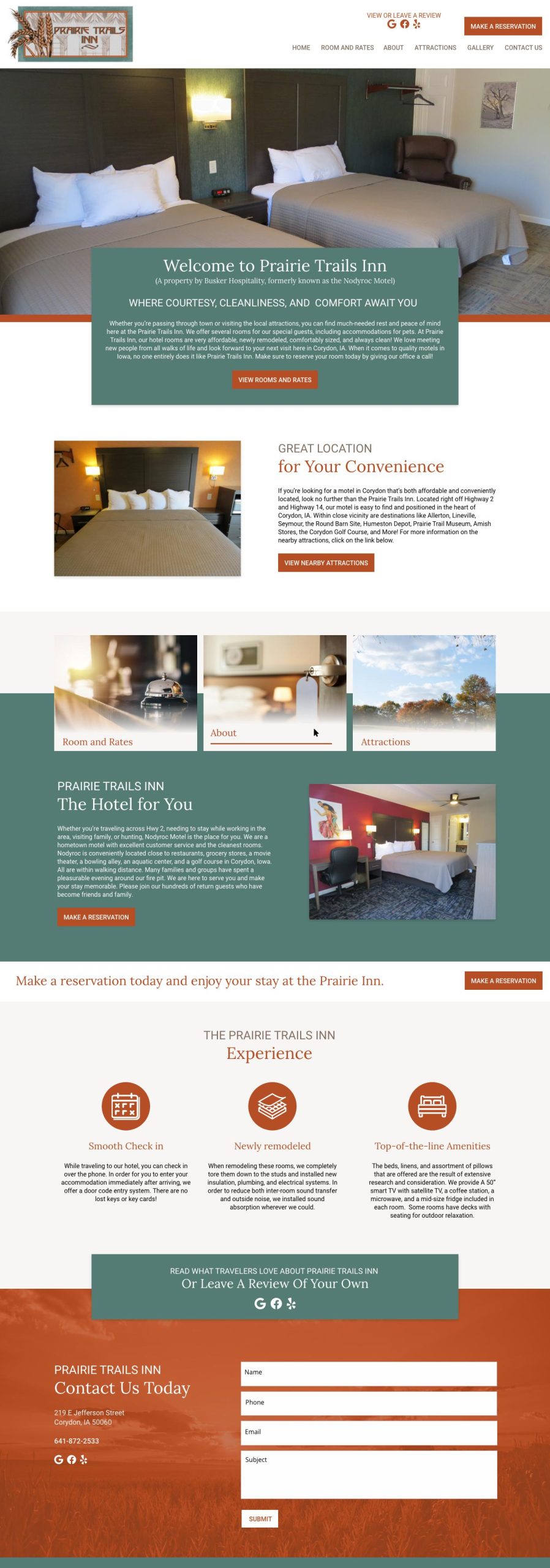 Screenshot of the Prairie Trails Inn website homepage.