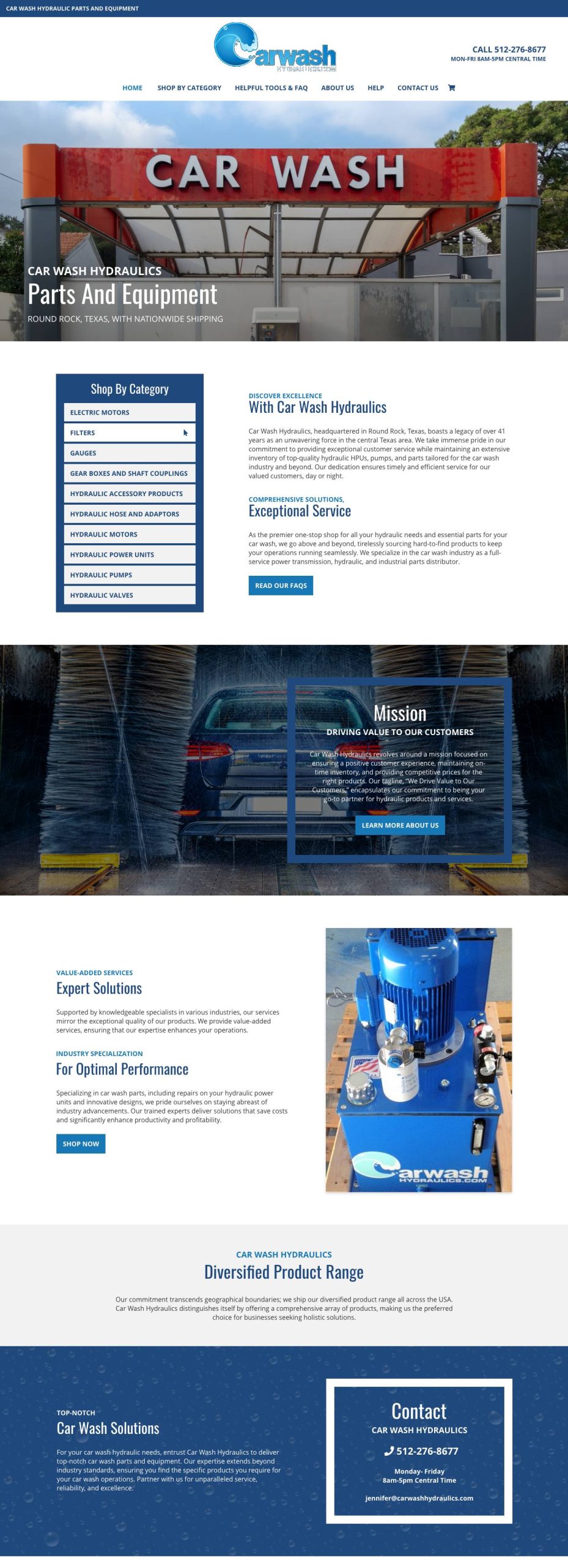 Screenshot of the Car Wash Hydraulics website homepage.