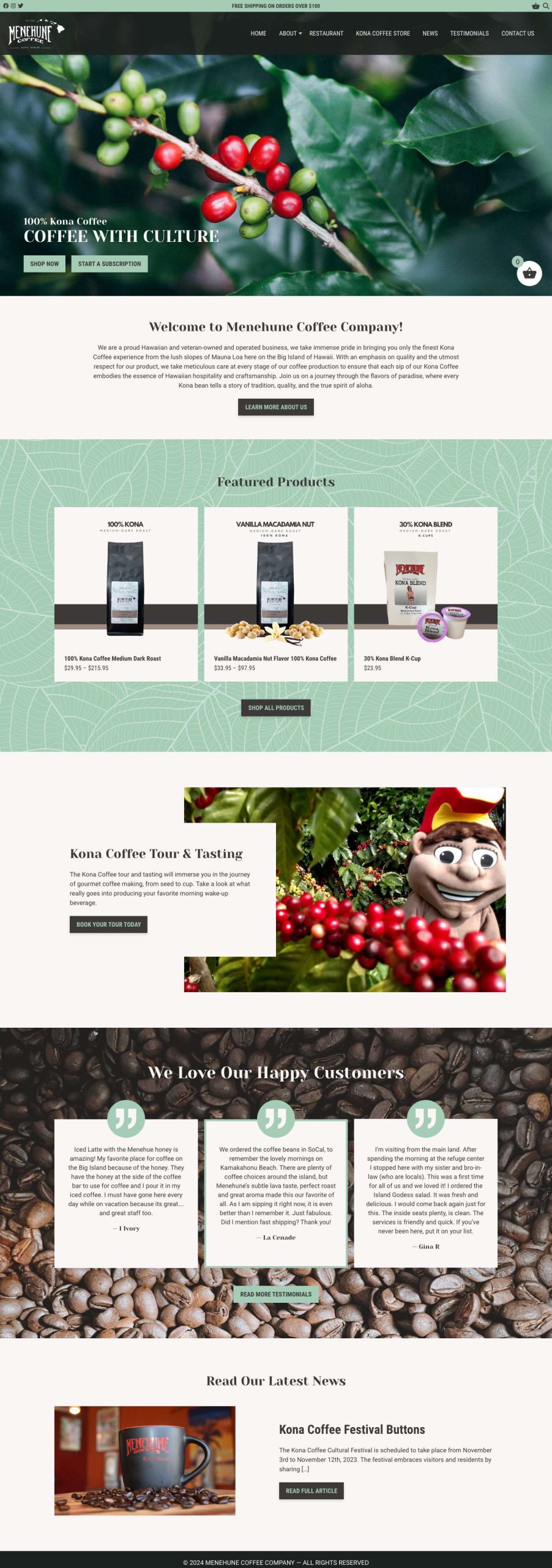 Screenshot of the Menehune Coffee Company Website Homepage