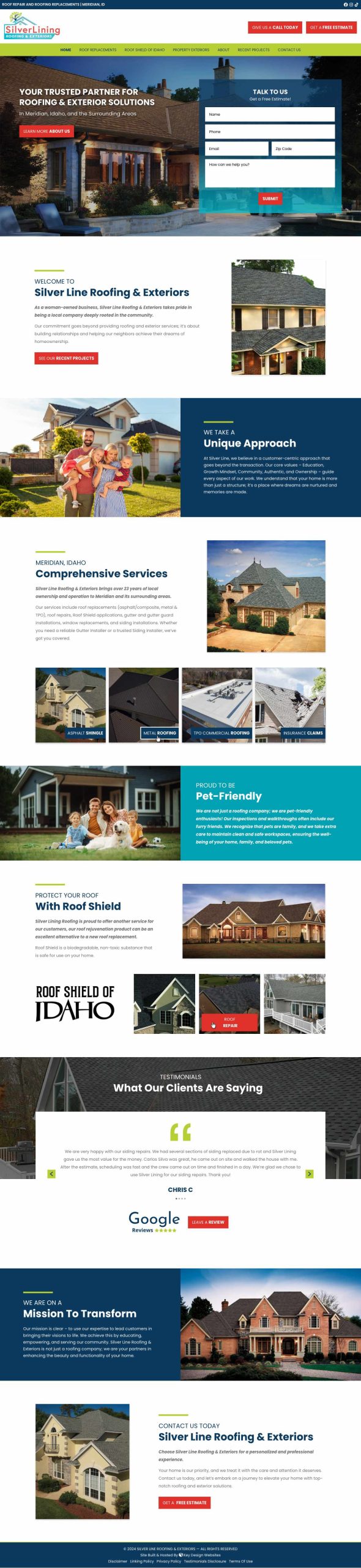 Screenshot of Silverlining Roofing's website homepage.