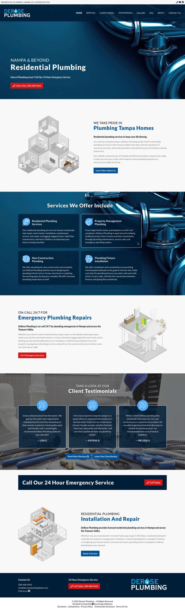 Screenshot of DeRose Plumbing's website homepage.