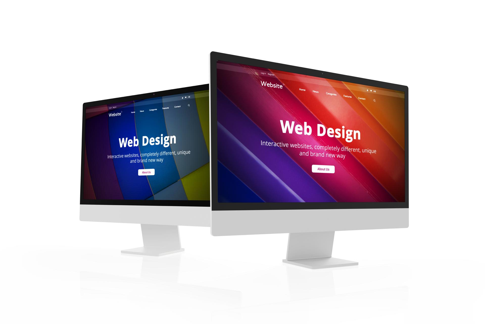 Two modern computer displays featuring web design studio concept page. Design projects and showcasing web design concept